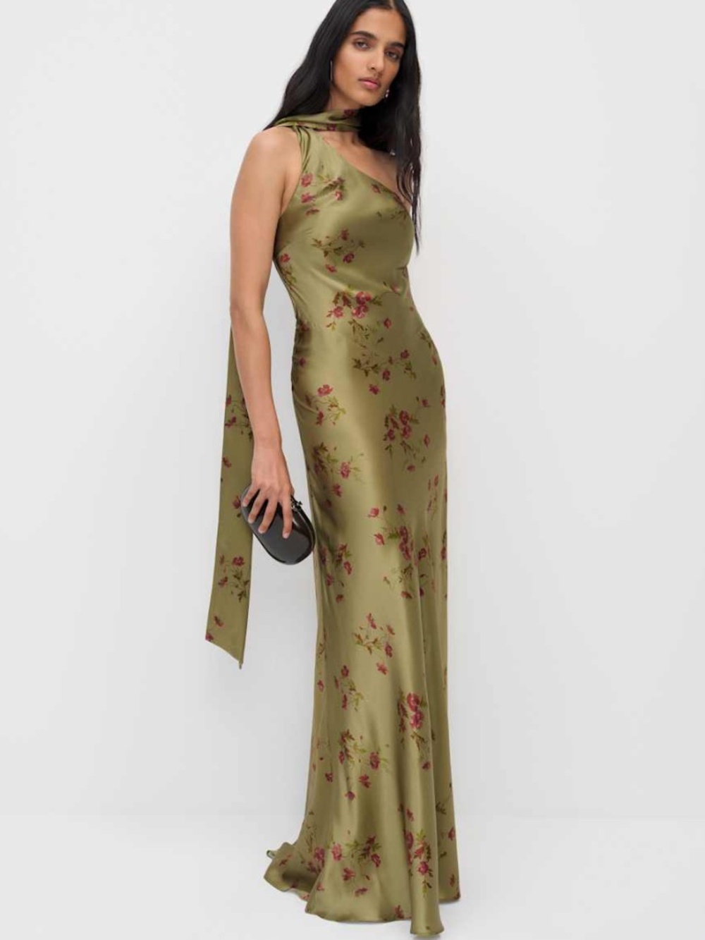 Reformation Jazzlyn Silk One Shoulder Maxi Dress Scarf Green Floral Demi Size 6